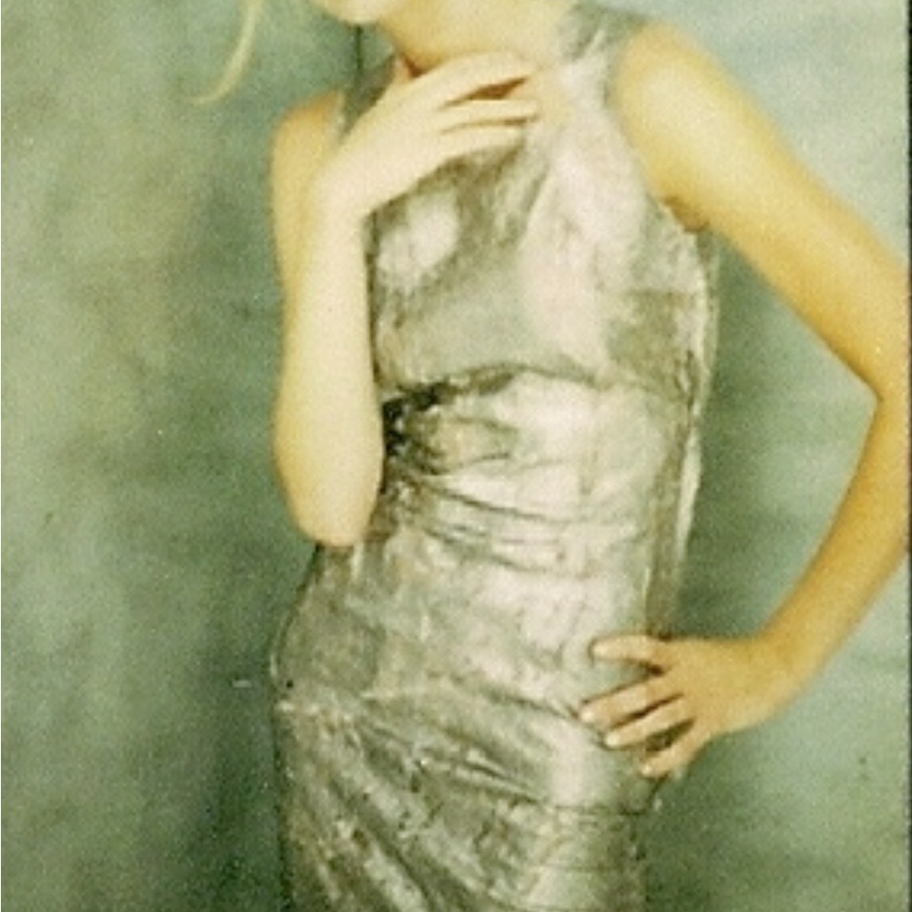 One of a Kind 90s See Thru Silver Painted Lace Couture Evening Dress. Size 4.